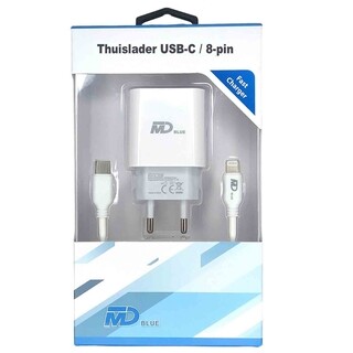 Image of MD BLUE Huisstekker Set + 1 meter USB-C / 8pin Sync en Laadkabel