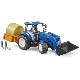 Image of Bruder New Holland Speelgoedtractor T5.120 Met Voorlader, Transportkist, Vorken En 1 Ronde Baal