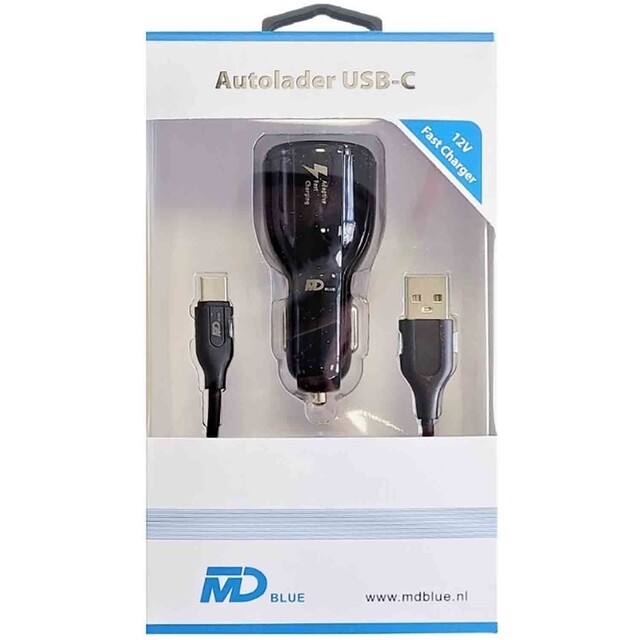 Product image 1 of MD BLUE Autolader Duo 3,1A Zwart + 1 meter USB-C Kabel