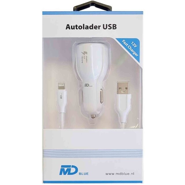 Product image 1 of MD BLUE Autolader Duo 3,1A Wit + 1 meter 8pin Sync en Laadkabel