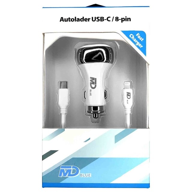 Product image 1 of MD BLUE Autolader Duo Type C 20W Wit + 1 meter USB-C / 8pin