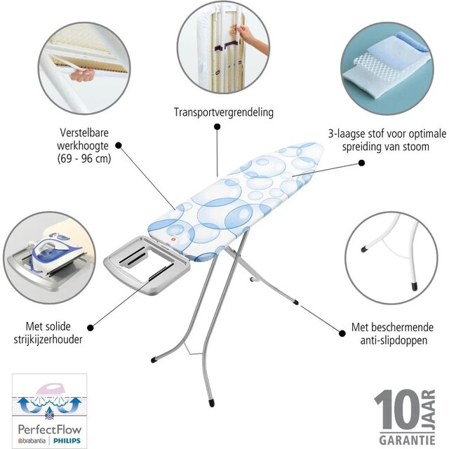 Product image 1 of Brabantia Perfect Flow Strijkplank B + Strijkijzerhouder - 124 x 38 cm - Bubbles
