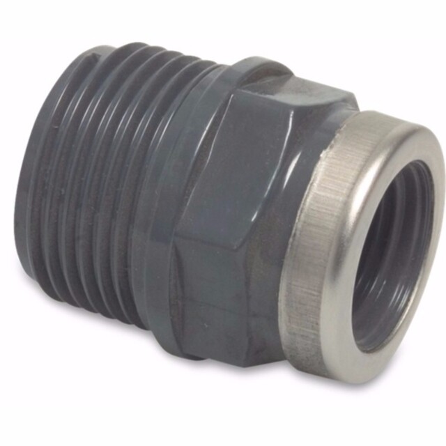 Product image 1 of Mega Soknippel PVC-U 3/4 inch x 1 inch buitendraad x binnendraad 10bar grijs met RVS ring type versterkt