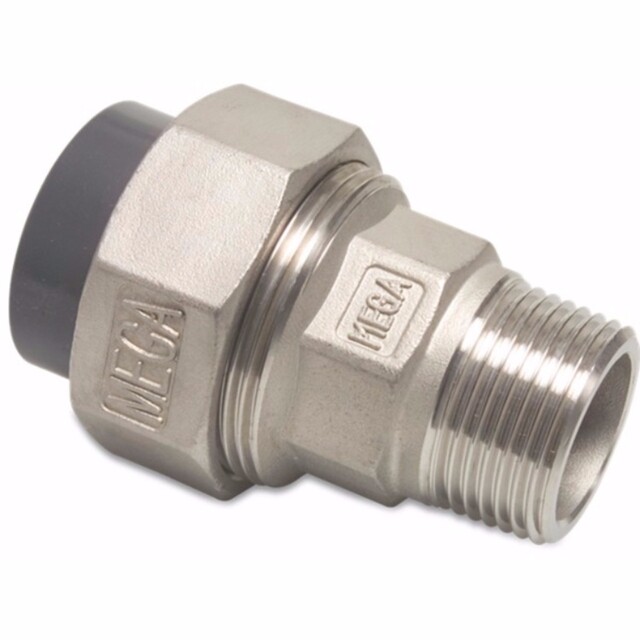 Product image 1 of Mega Verbindingskoppeling PVC/RVS 75 mm x 2 1/2" lijmmof x buitendraad 10bar grijs