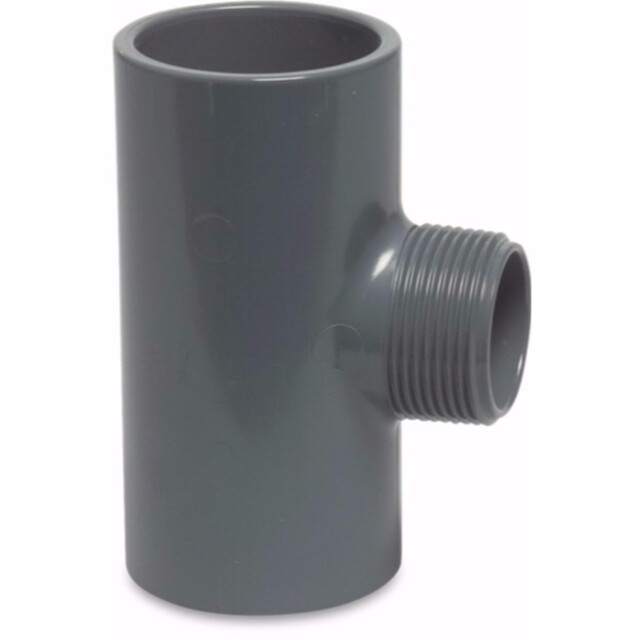 Product image 1 of Mega T-stuk 90° PVC-U 20 mm x 3/4" x 20 mm lijmmof x buitendraad x lijmmof 10bar grijs