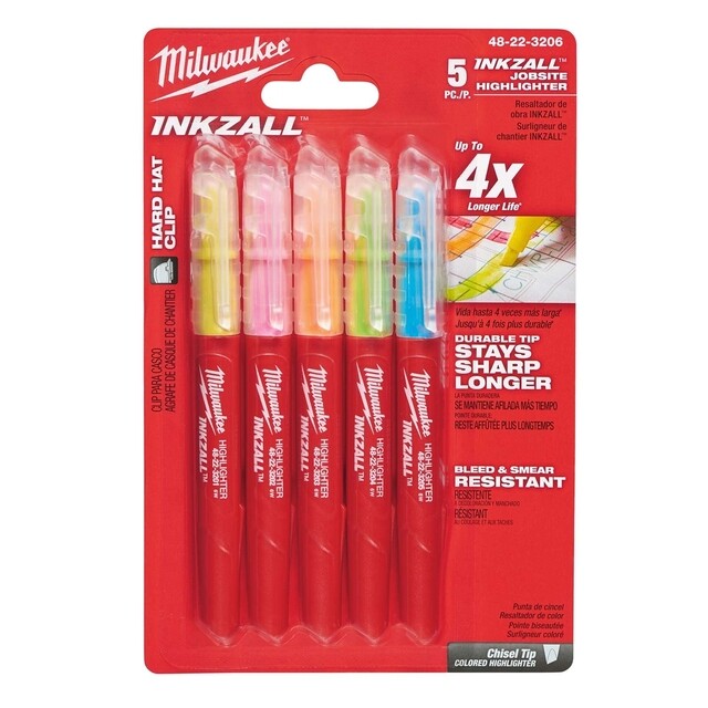 Product image 1 of Milwaukee Marker INKZALL  Beitel punt Fluo geel/roze/oranje/blauw/groen (blister 5 stuks)