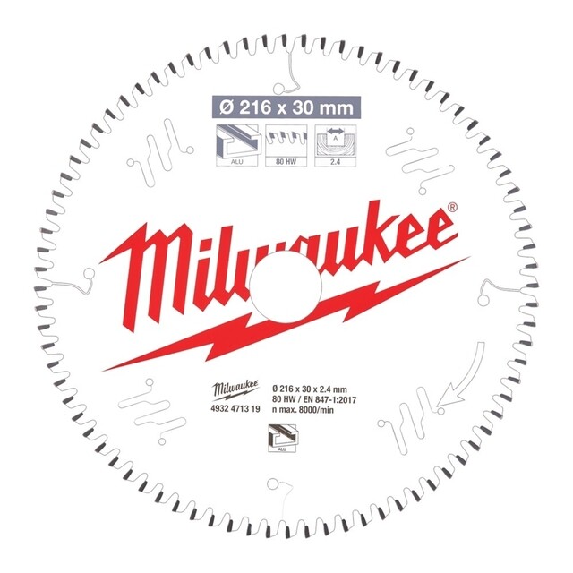 Product image 1 of Milwaukee Cirkelzaagblad kunststof/non-ferro 216 x 30 x 2,4 TF 80T -5°