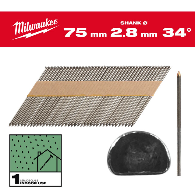Product image 1 of Milwaukee Gladde schacht draadnagels helder D-kop 34° 75mm SC1 2200 stuks