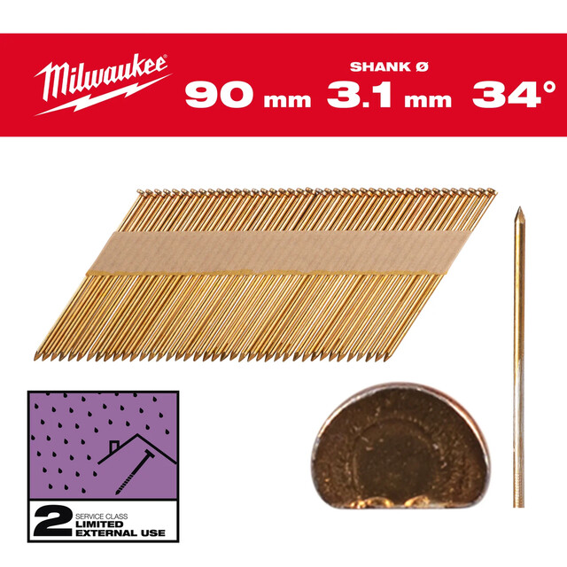 Product image 1 of Milwaukee Gladde schacht draadnagels, gegalvaniseerd D-kop 34° 90mm SC2 2200 stuks