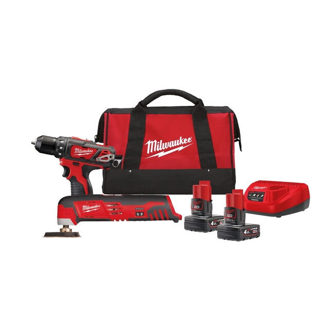 Product image 1 of Milwaukee M12  powerpack (M12 BPD, C12 Multitool, 2 x 4,0 Ah accu, lader, tas)