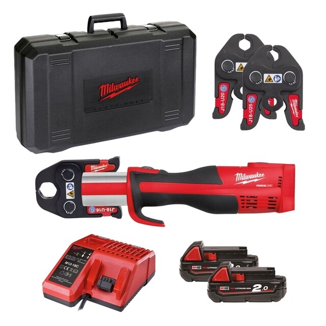 Product image 1 of Milwaukee M18 FORCE LOGIC Compact Koolborstelloos Persgereedschap Persbek U 16/20/25 Set In Koffer - Incl Lader & Accu's 18V 2.0Ah (2×)