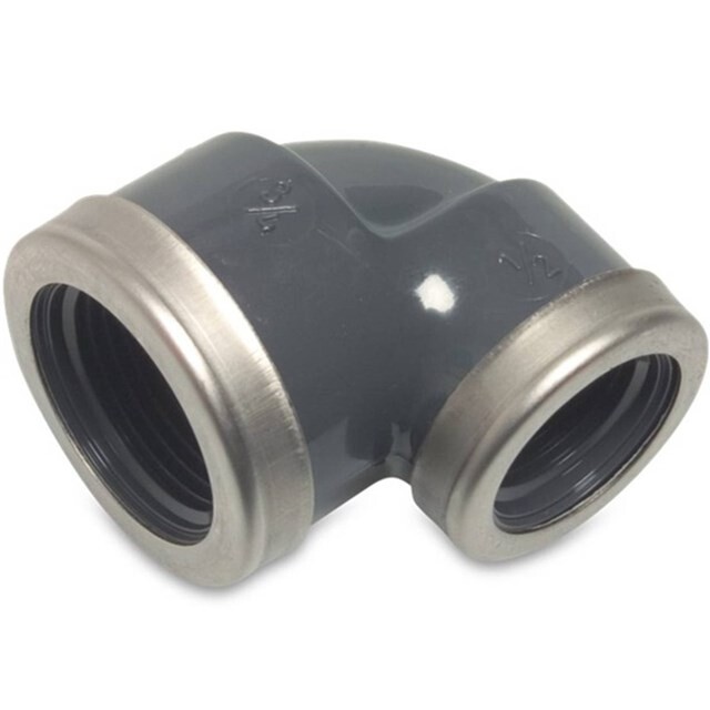 Product image 1 of Mega Knie 90gr PVC-U 3/4 inch x 1/2 inch binnendraad 10bar grijs type versterkt